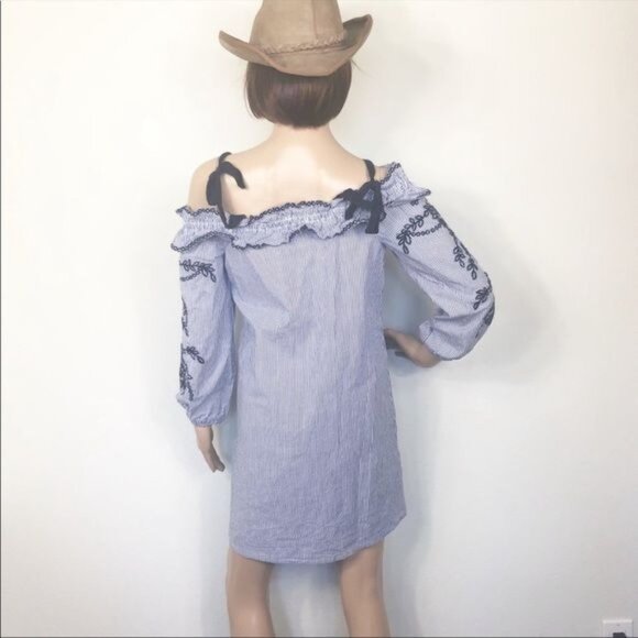 Market Spruce Blue Striped Off Shoulder Mini Dress Embroidered Sleeves Small - Picture 3 of 7
